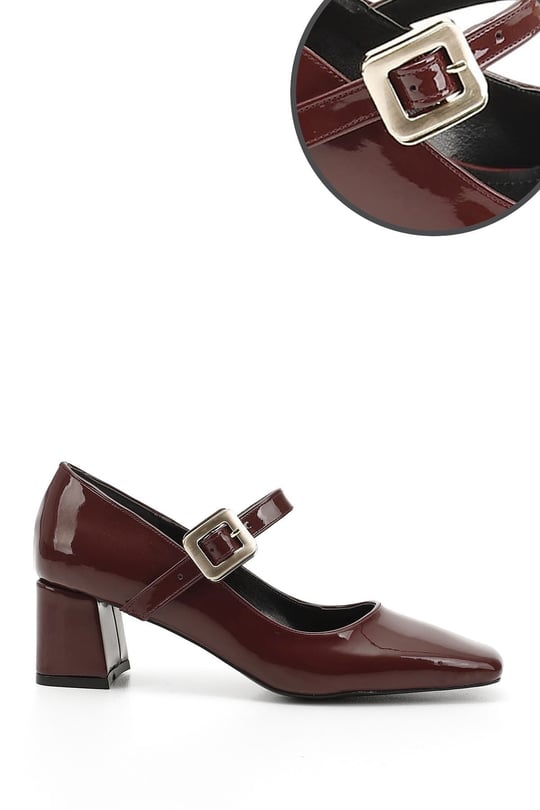 Women's Burgundy Patent Leather Flat Toe Medium Thick Heel Shoes