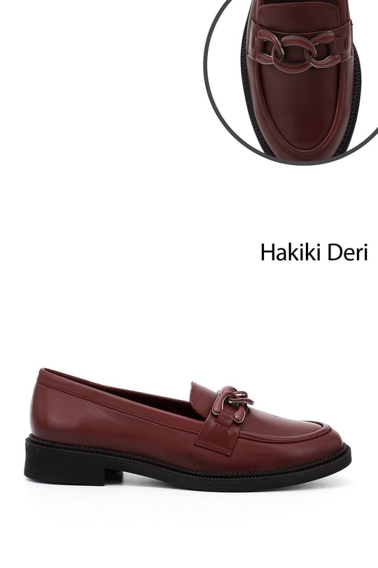 Kadın Bordo Tokalı Hakiki Deri Loafer Ayakkabı