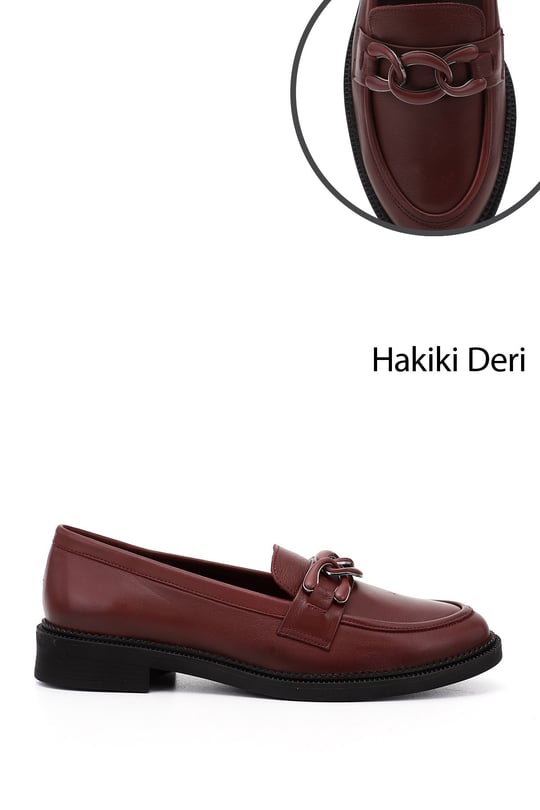 Kadın Bordo Tokalı Hakiki Deri Loafer Ayakkabı