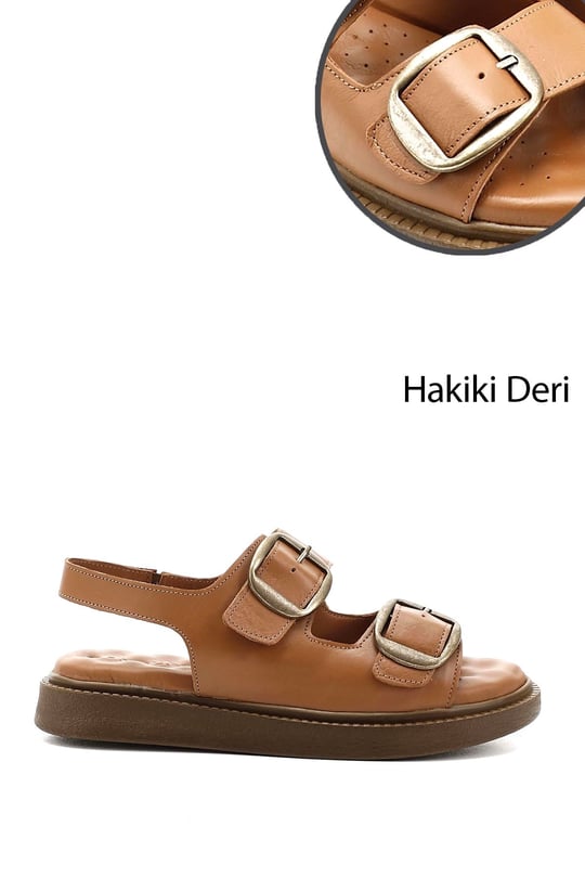 Kadın  Cırtlı Tokalı Dolgu Taban Hakiki Deri Comfort Sandalet