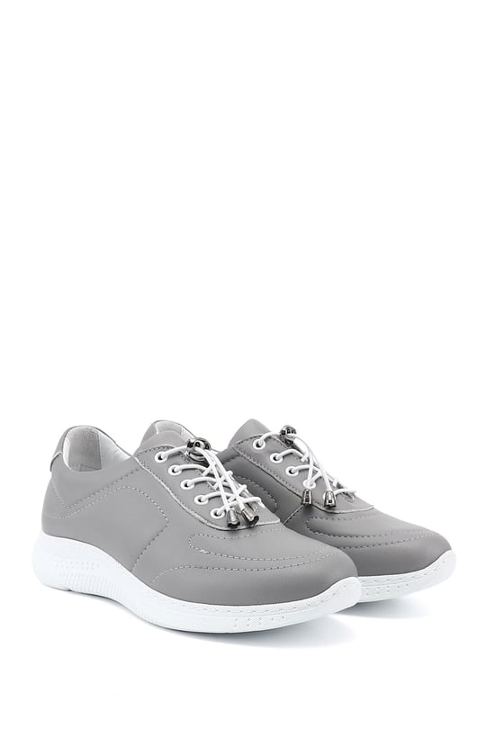 Kadın Gri Bağcıklı Dolgu Taban Hakiki Deri Sneaker