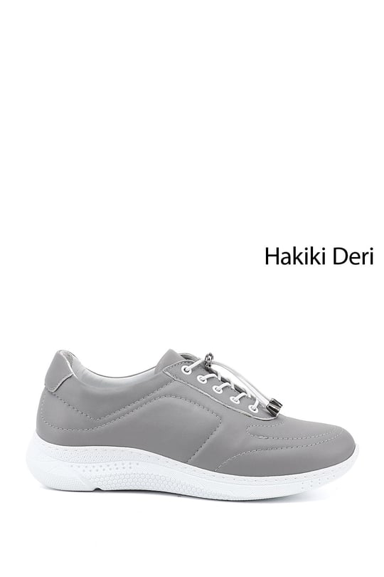 Kadın Gri Bağcıklı Dolgu Taban Hakiki Deri Sneaker