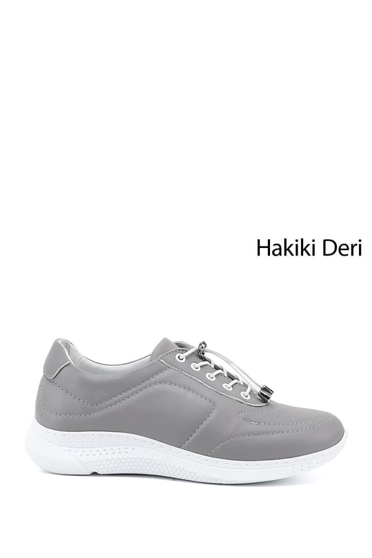 Kadın Gri Bağcıklı Dolgu Taban Hakiki Deri Sneaker