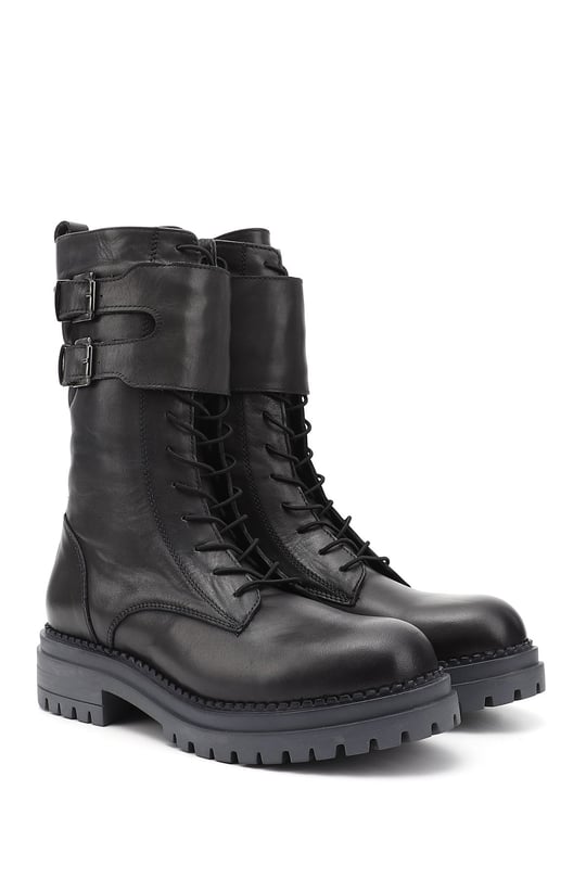 Women's Gray Zippered Genuine Leather Combat Boots
