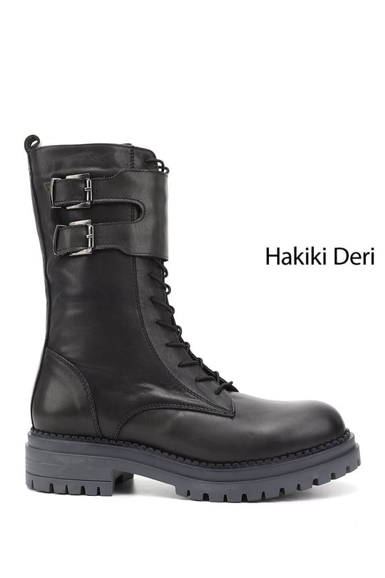 Kadın Gri Fermuarlı Hakiki Deri Postal Bot
