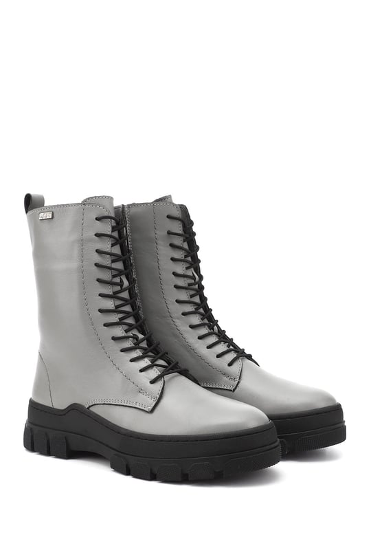 Women's Gray Zippered Rubber Sole Genuine Leather Combat Boots