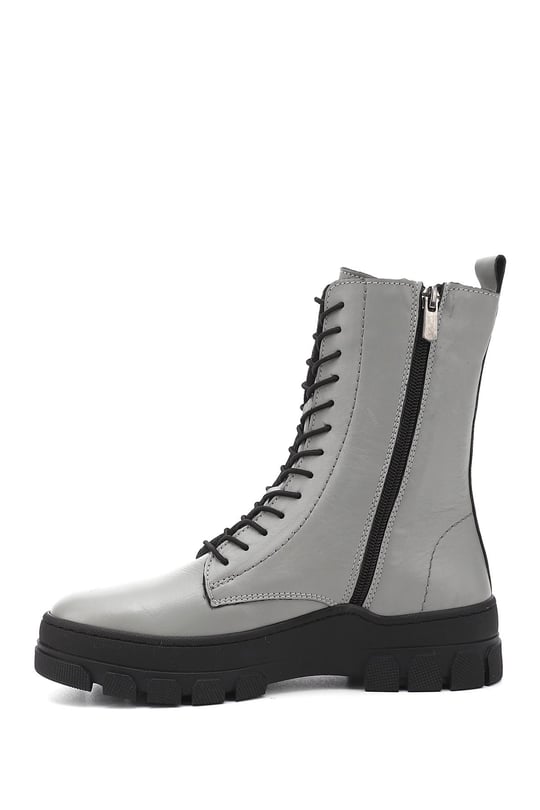 Women's Gray Zippered Rubber Sole Genuine Leather Combat Boots
