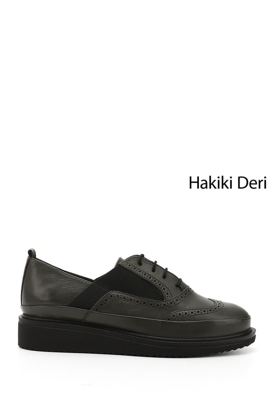Kadın Haki Antik Bağcıklı Dolgu Taban Hakiki Deri Ayakkabı