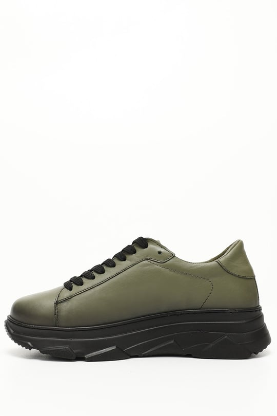 Kadın Haki Antik Bağcıklı Dolgu Taban Hakiki Deri Sneaker