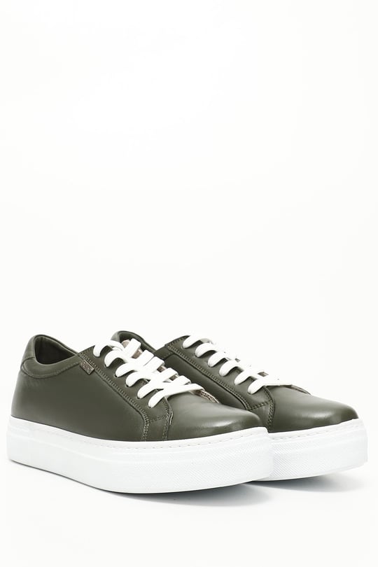 Kadın Haki Antik Bağcıklı Dolgu Taban Hakiki Deri Sneaker