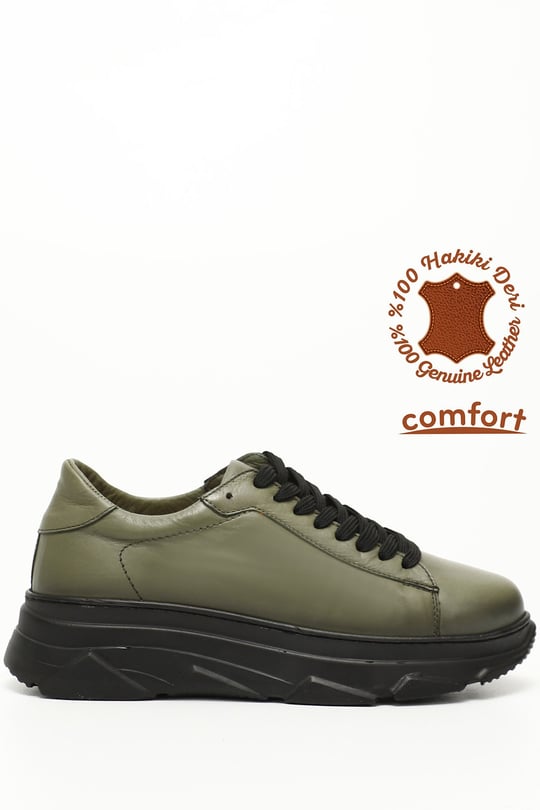 Kadın Haki Antik Bağcıklı Dolgu Taban Hakiki Deri Sneaker
