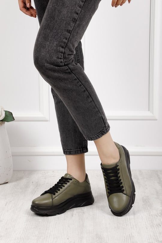 Kadın Haki Antik Bağcıklı Dolgu Taban Hakiki Deri Sneaker