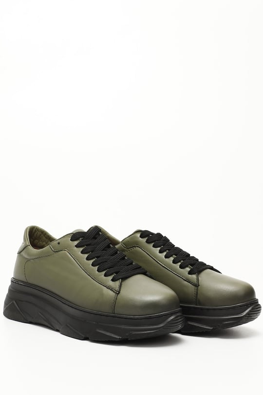 Kadın Haki Antik Bağcıklı Dolgu Taban Hakiki Deri Sneaker