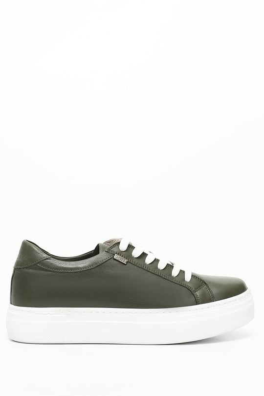 Kadın Haki Antik Bağcıklı Dolgu Taban Hakiki Deri Sneaker