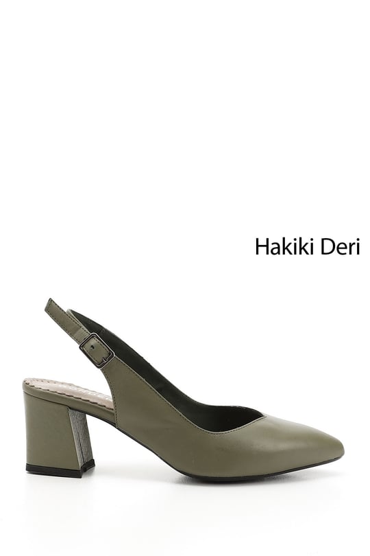 Kadın Haki Antik Kalın Topuklu Arkası Açık Hakiki Deri Ayakkabı