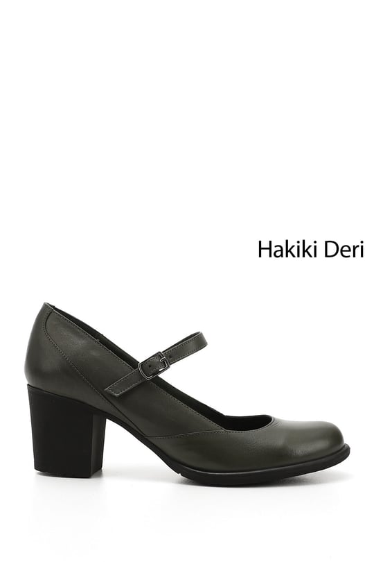 Kadın Haki Antik Kalın Topuklu Mary Jane Hakiki Deri Ayakkabı