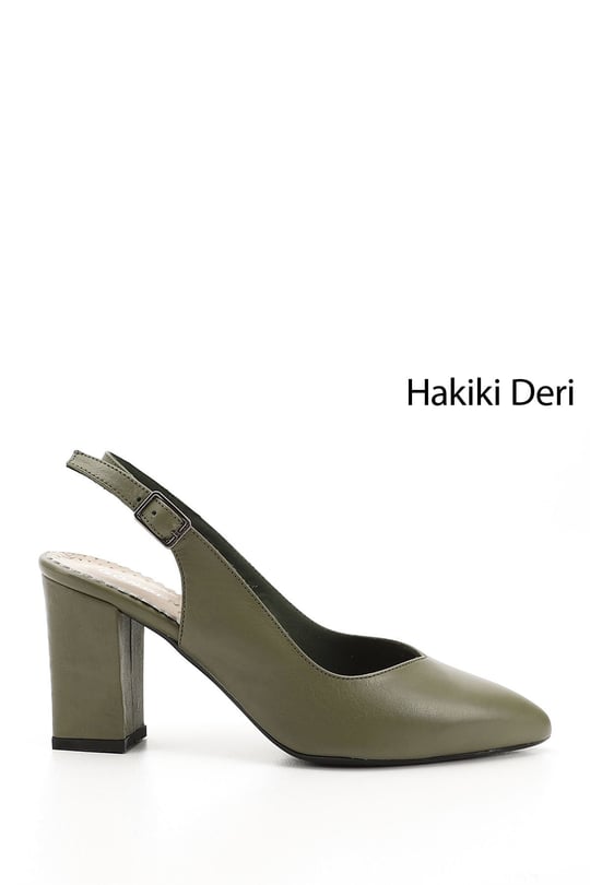 Kadın Haki Antik Yüksek Kalın Topuklu Arkası Açık Hakiki Deri Ayakkabı