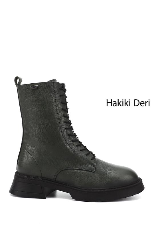 Kadın Haki Floter Fermuarlı Kalın Taban Hakiki Deri Postal Bot