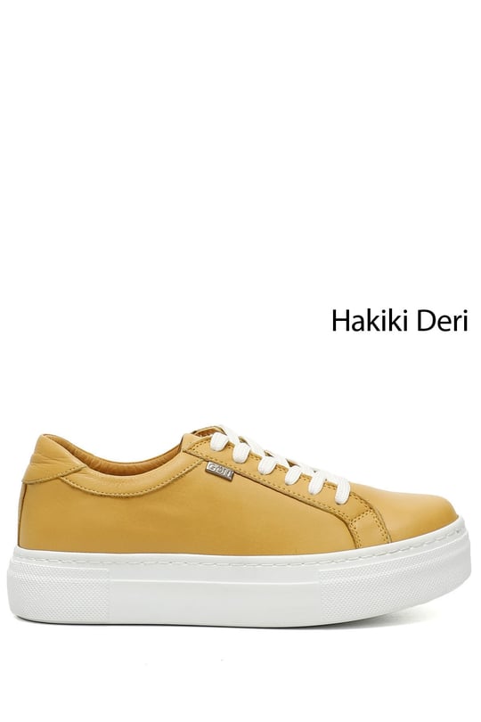 Kadın Hardal Bağcıklı Dolgu Taban Hakiki Deri Sneaker