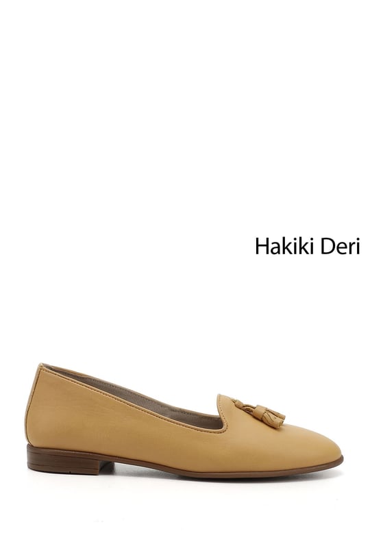Kadın Hardal Hakiki Deri Püsküllü Babet
