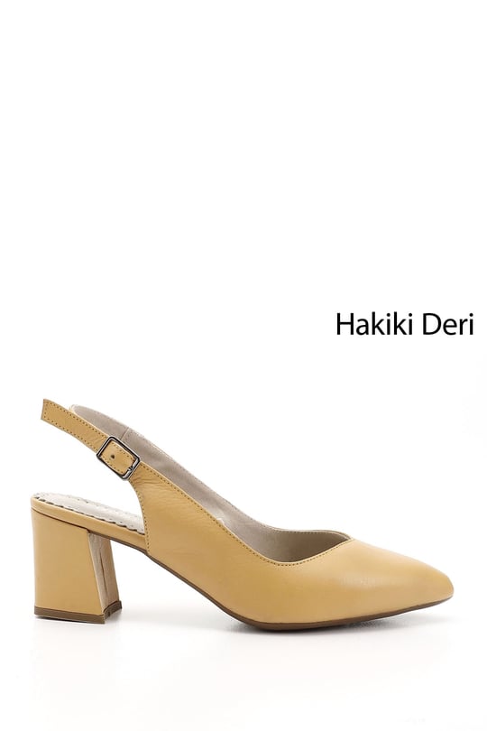 Women's Mustard Thick Heeled Slingback Genuine Leather Shoes