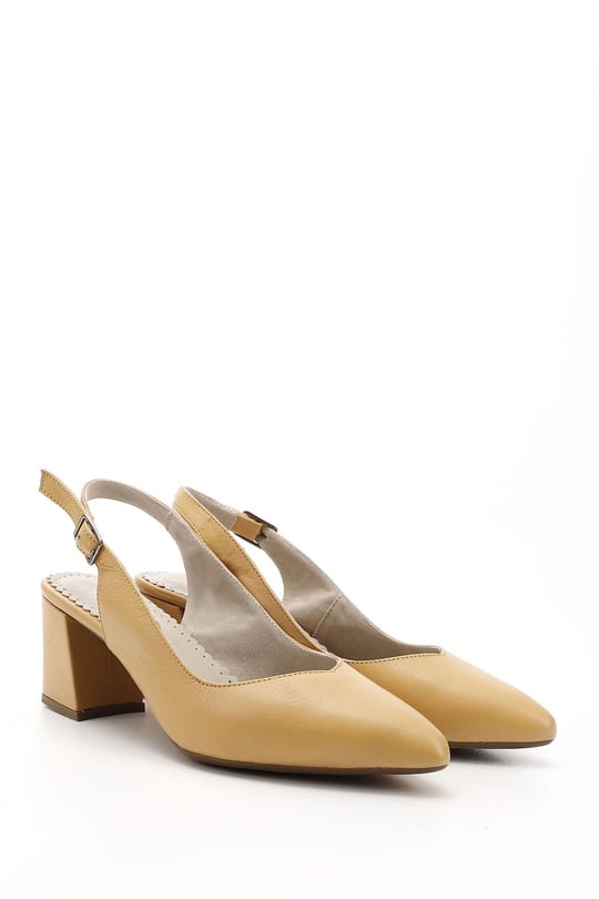 Women's Mustard Thick Heeled Slingback Genuine Leather Shoes