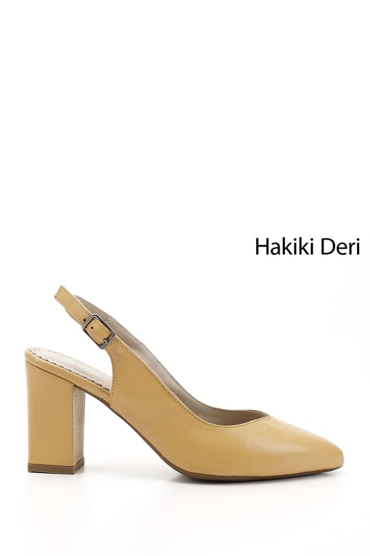 Kadın Hardal Yüksek Kalın Topuklu Arkası Açık Hakiki Deri Ayakkabı