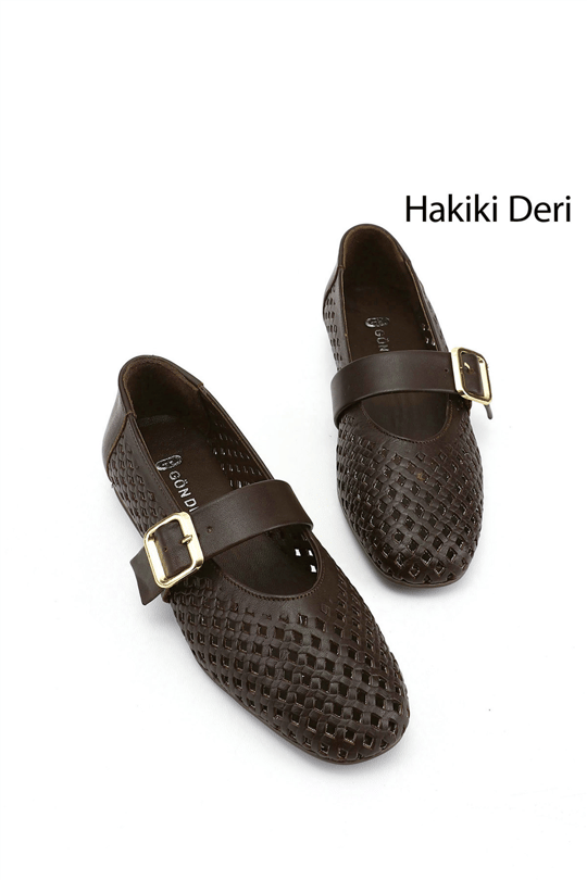 Kadın Kahve Antik Baskılı Mary Jane Hakiki Deri Babet
