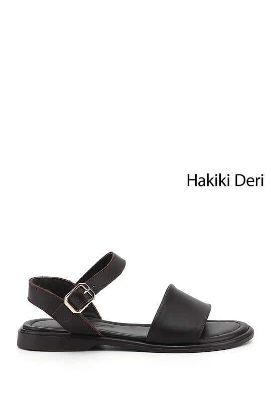 Kadın Kahve Antik Tokalı Bantlı Hakiki Deri Sandalet
