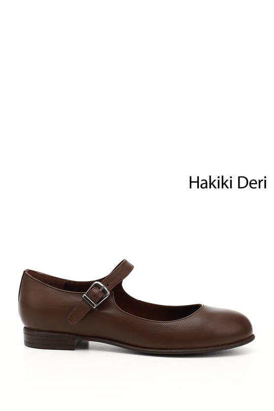 Kadın Kahve Antik Bilek Bağlı Mary Jane Hakiki Deri Babet