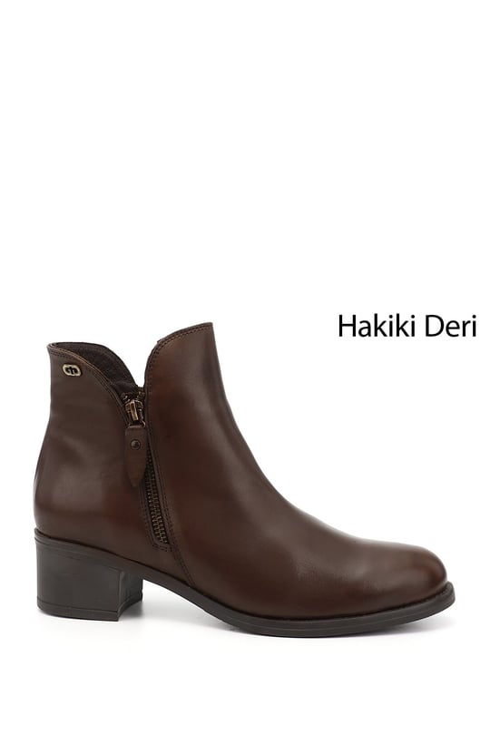 Kadın Kahve Antik Çift Fermuarlı Kalın Topuklu Hakiki Deri Bot