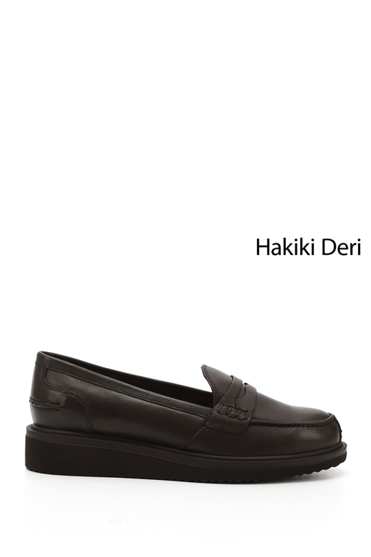 Kadın Kahve Antik Dolgu Taban Hakiki Deri Loafer Ayakkabı