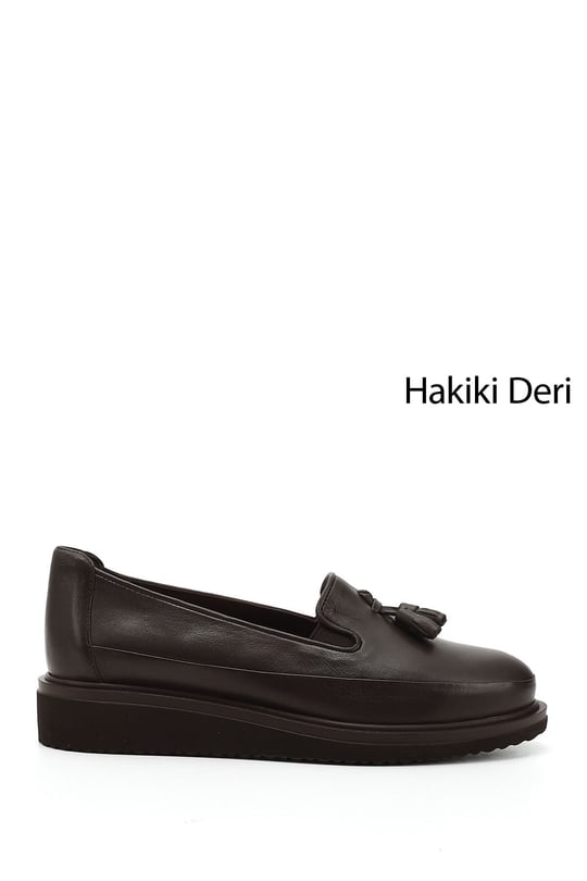 Kadın Kahve Antik Dolgu Taban Püsküllü Hakiki Deri Ayakkabı
