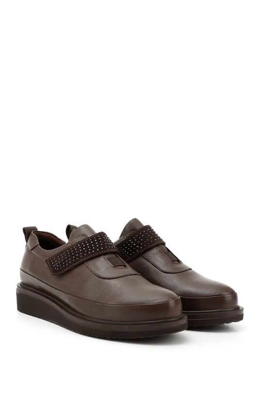 Women's Brown Antique Filled Sole Stone Detailed Genuine Leather Shoes