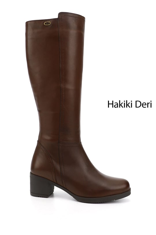 Kadın Kahve Antik Fermuarlı Kalın Topuklu Hakiki Deri Çizme