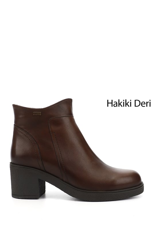 Kadın Kahve Antik Fermuarlı Kalın Topuklu Hakiki Deri Bot