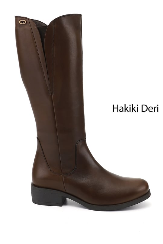 Kadın Kahve Antik Fermuarlı Kalın Topuklu Hakiki Deri Çizme