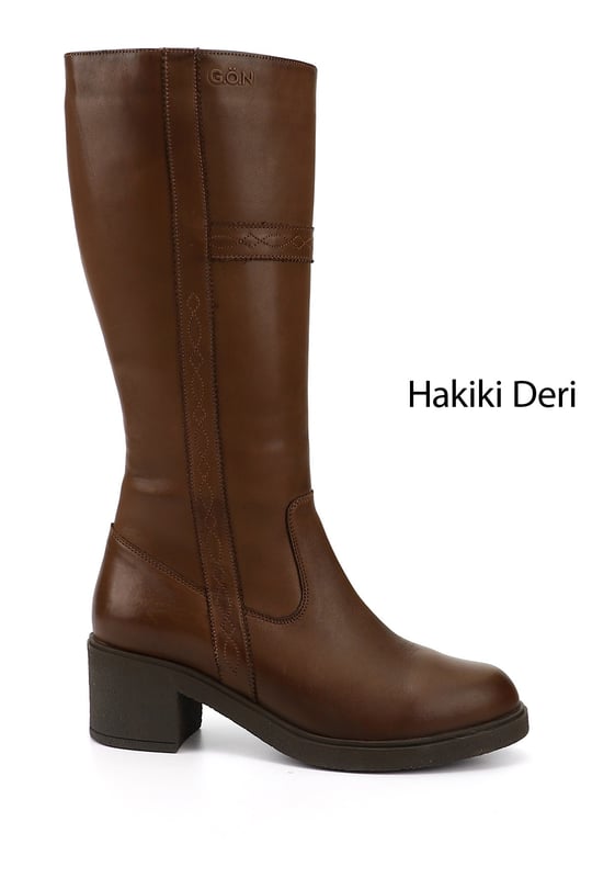 Kadın Kahve Antik Fermuarlı Kalın Topuklu Hakiki Deri Çizme