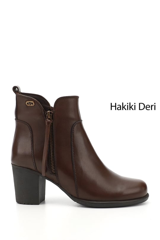 Kadın Kahve Antik Fermuarlı Kalın Topuklu Hakiki Deri Bot