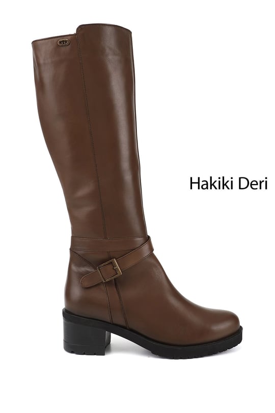 Kadın Kahve Antik Fermuarlı Kalın Topuklu Hakiki Deri Çizme