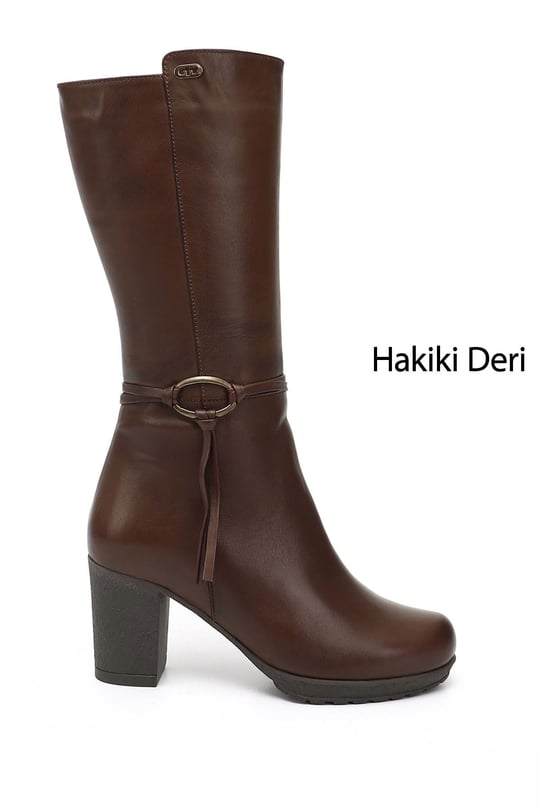 Kadın Kahve Antik Fermuarlı Kalın Topuklu Hakiki Deri Çizme