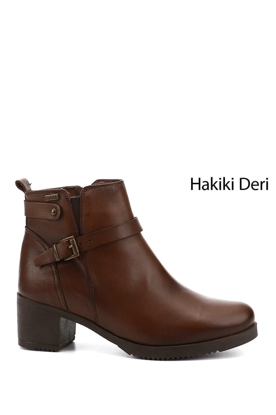 Kadın Kahve Antik Fermuarlı Kalın Topuklu Hakiki Deri Bot