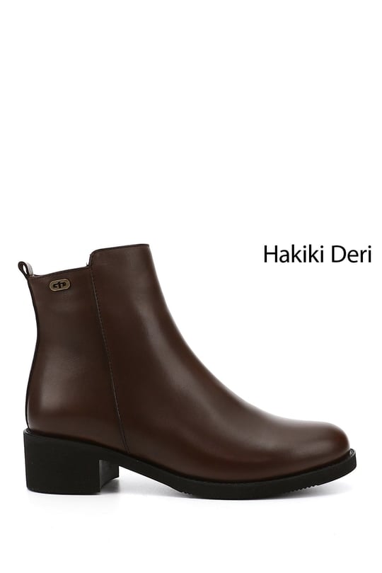 Kadın Kahve Antik Fermuarlı Kalın Topuklu Hakiki Deri Bot