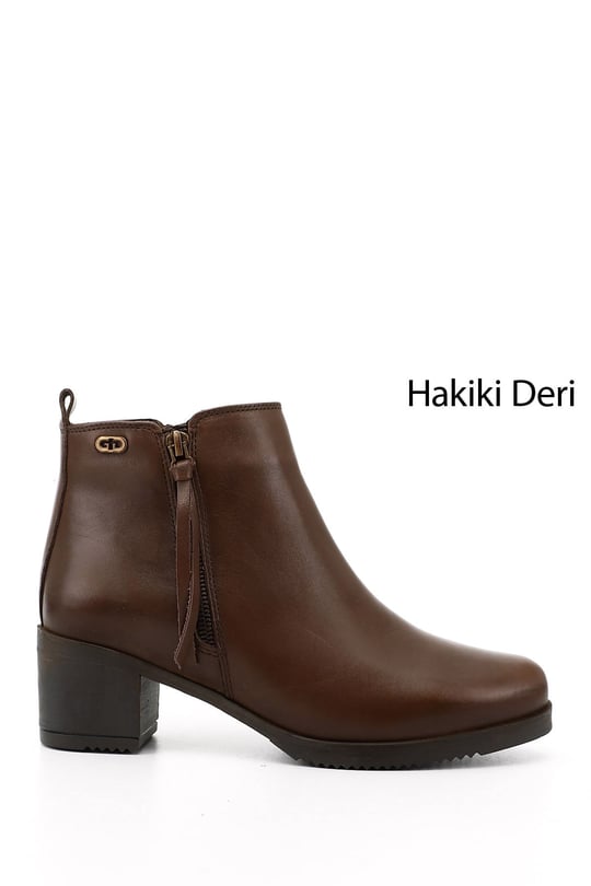 Kadın Kahve Antik Fermuarlı Kalın Topuklu Hakiki Deri Bot