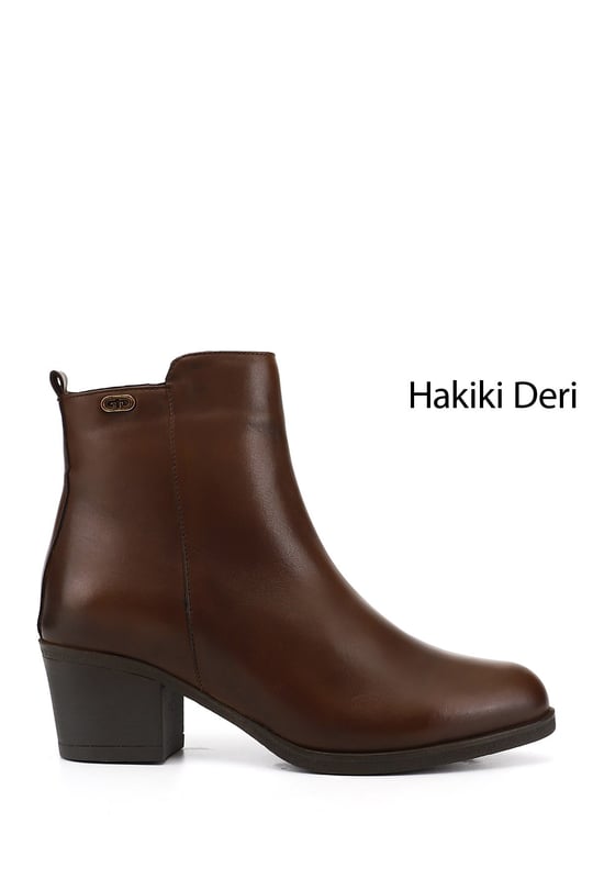 Kadın Kahve Antik Fermuarlı Kalın Topuklu Hakiki Deri Bot