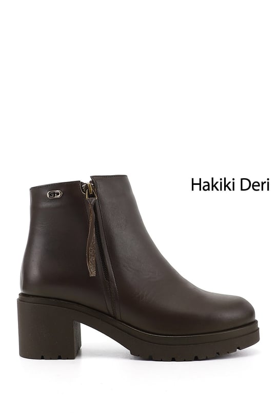 Kadın Kahve Antik Fermuarlı Kalın Topuklu Hakiki Deri Bot