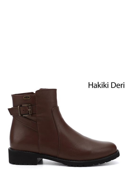 Kadın Kahve Antik Fermuarlı Kauçuk Taban Hakiki Deri Bot
