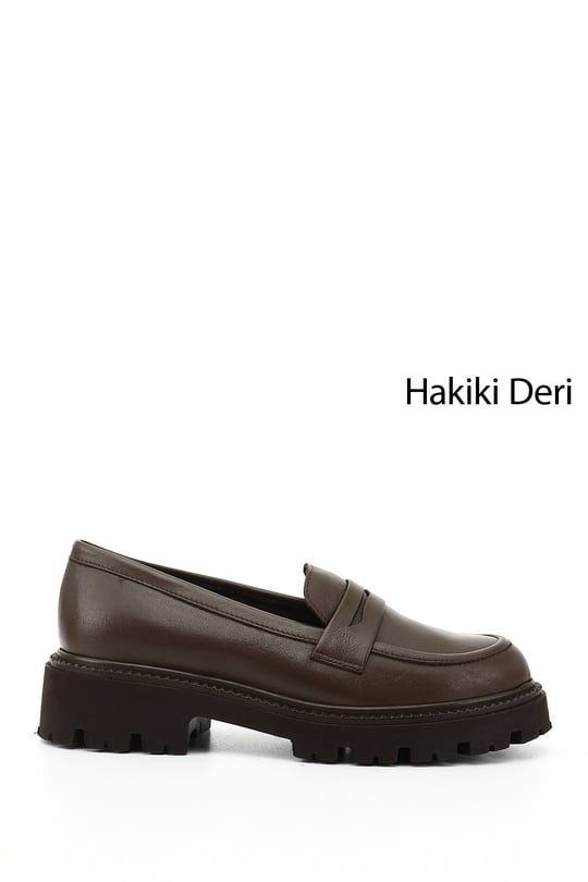 Kadın Kahve Antik Kalın Topuklu Hakiki Deri Loafer Ayakkabı