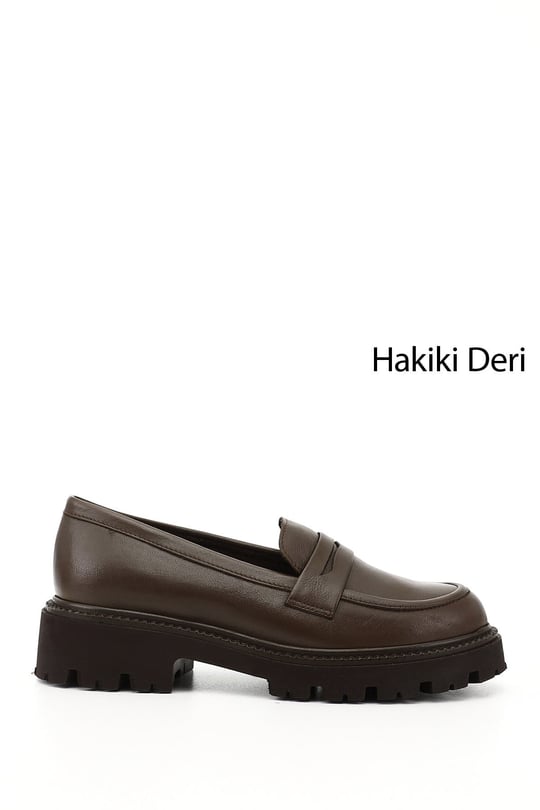 Kadın Kahve Antik Kalın Topuklu Hakiki Deri Loafer Ayakkabı