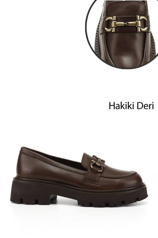 Kadın Kahve Antik Kalın Topuklu Tokalı Hakiki Deri Loafer Ayakkabı